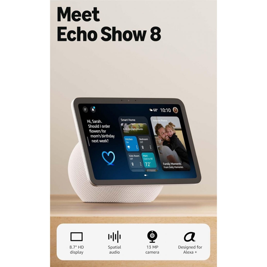 Amazon Echo Show 8 (newest model), Vibrant HD 8.7 display with spatial