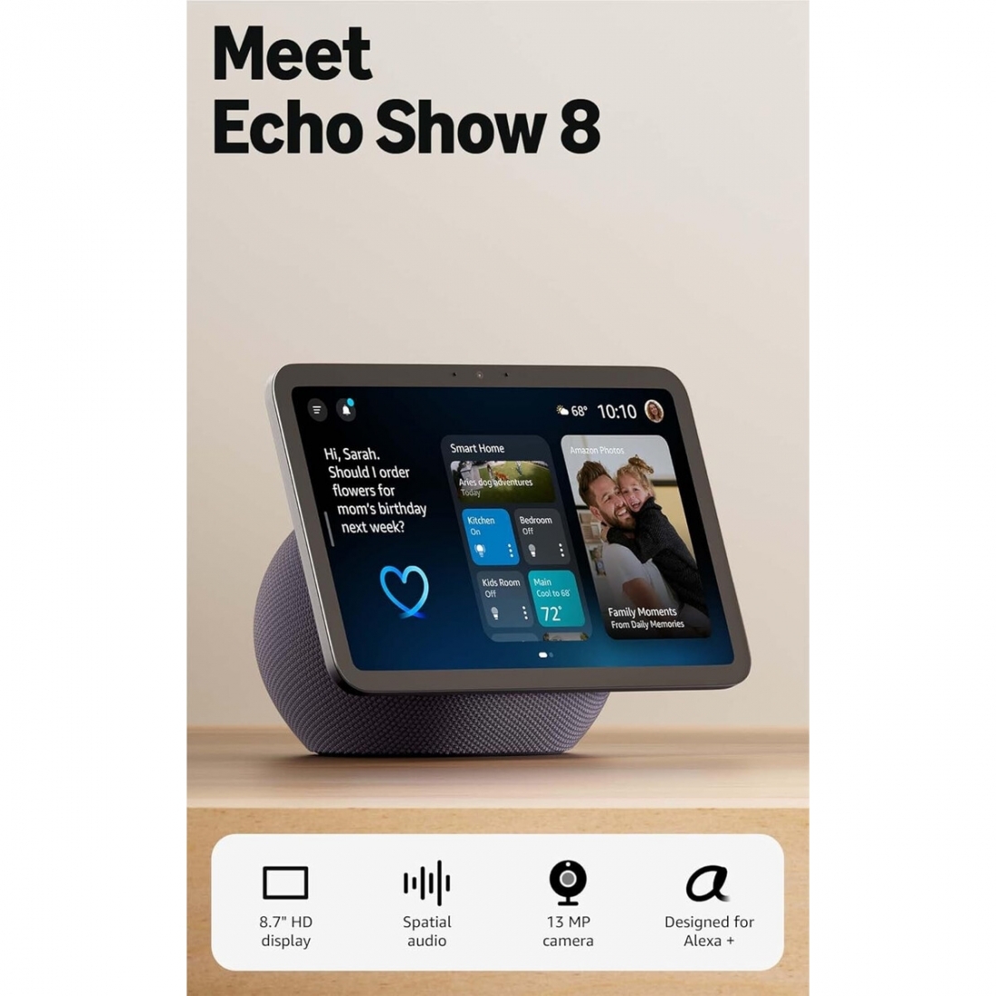 Amazon Echo Show 8 (newest model), Vibrant HD 8.7 display with spatial