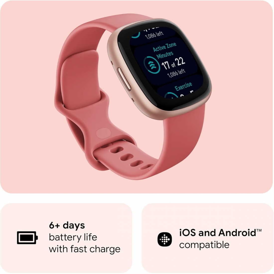 Fitbit Versa 4 Fitness Smartwatch - Pink Sand/Copper Rose (S & L Bands