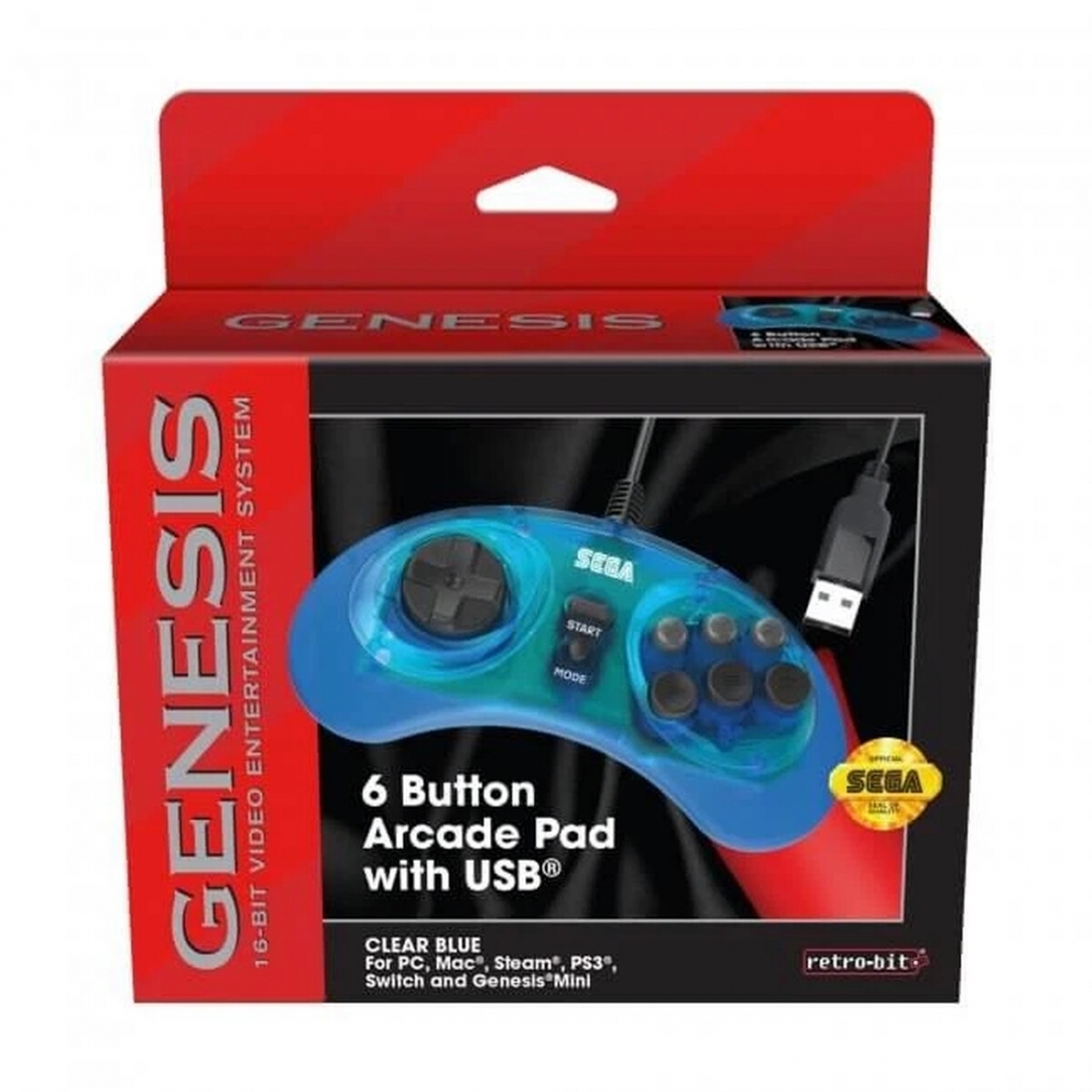 SEGA Genesis 6-button Arcade Pad - Original Port - Clear Blue