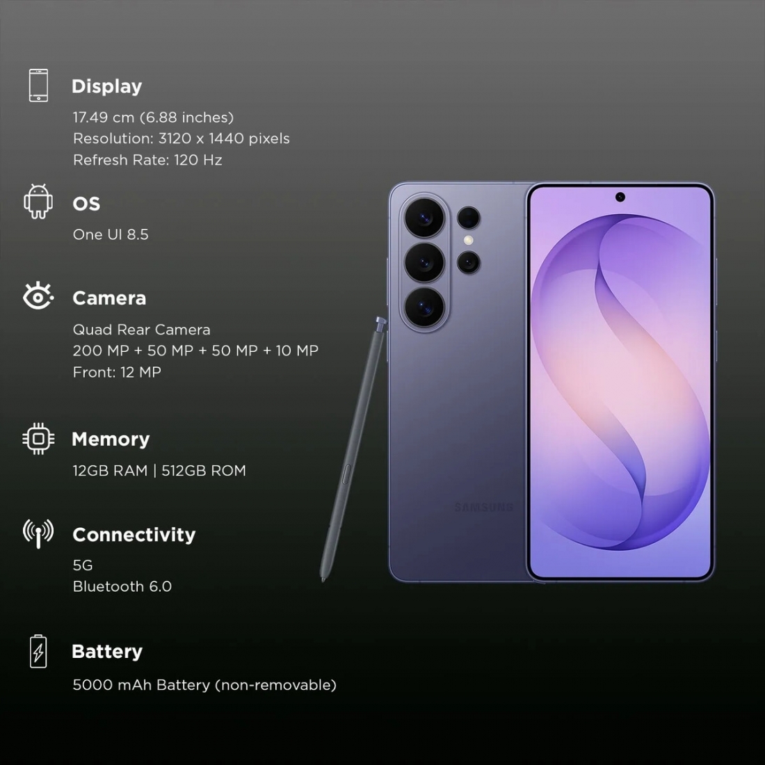 Samsung Galaxy S26 Ultra 12+512GB 5G Smartphone Cobalt Violet Dual Sim