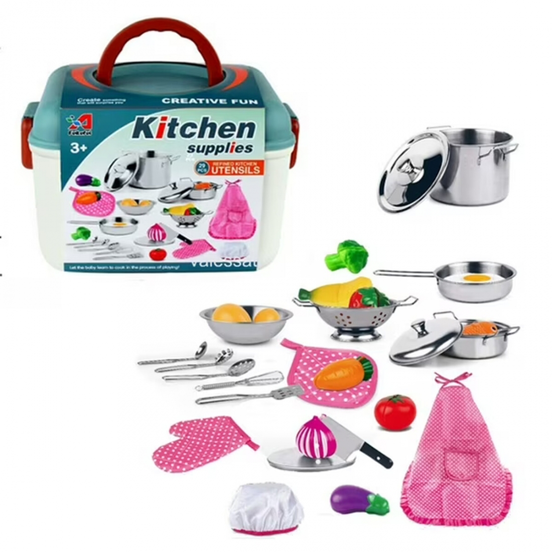 Stainless Steel BOX Kitchen Set and Food Play Kitchen Toys Cooking Set