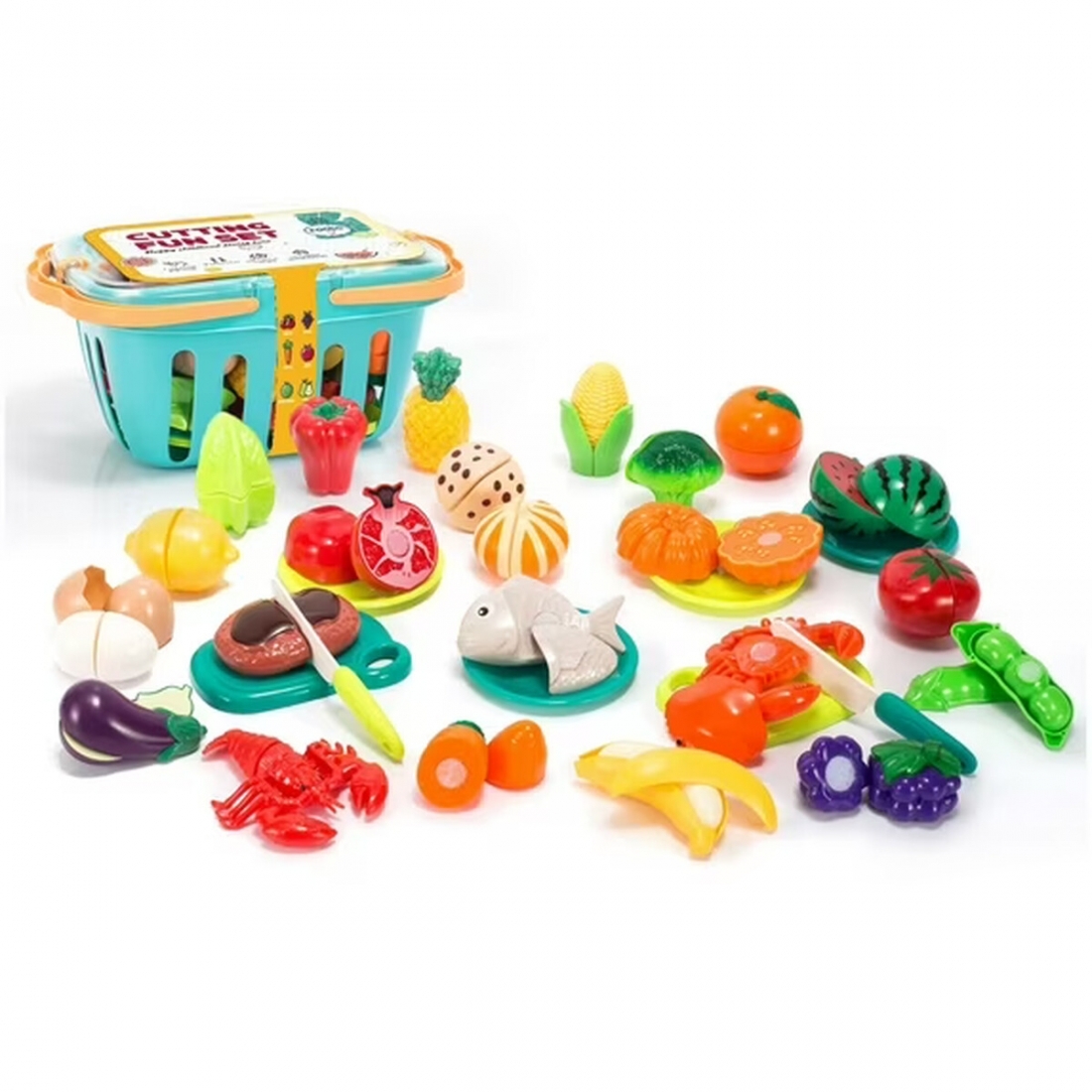 Cutting Play Food Set for Kids 33 Pcs with Basket Kitchen Toys for Boy