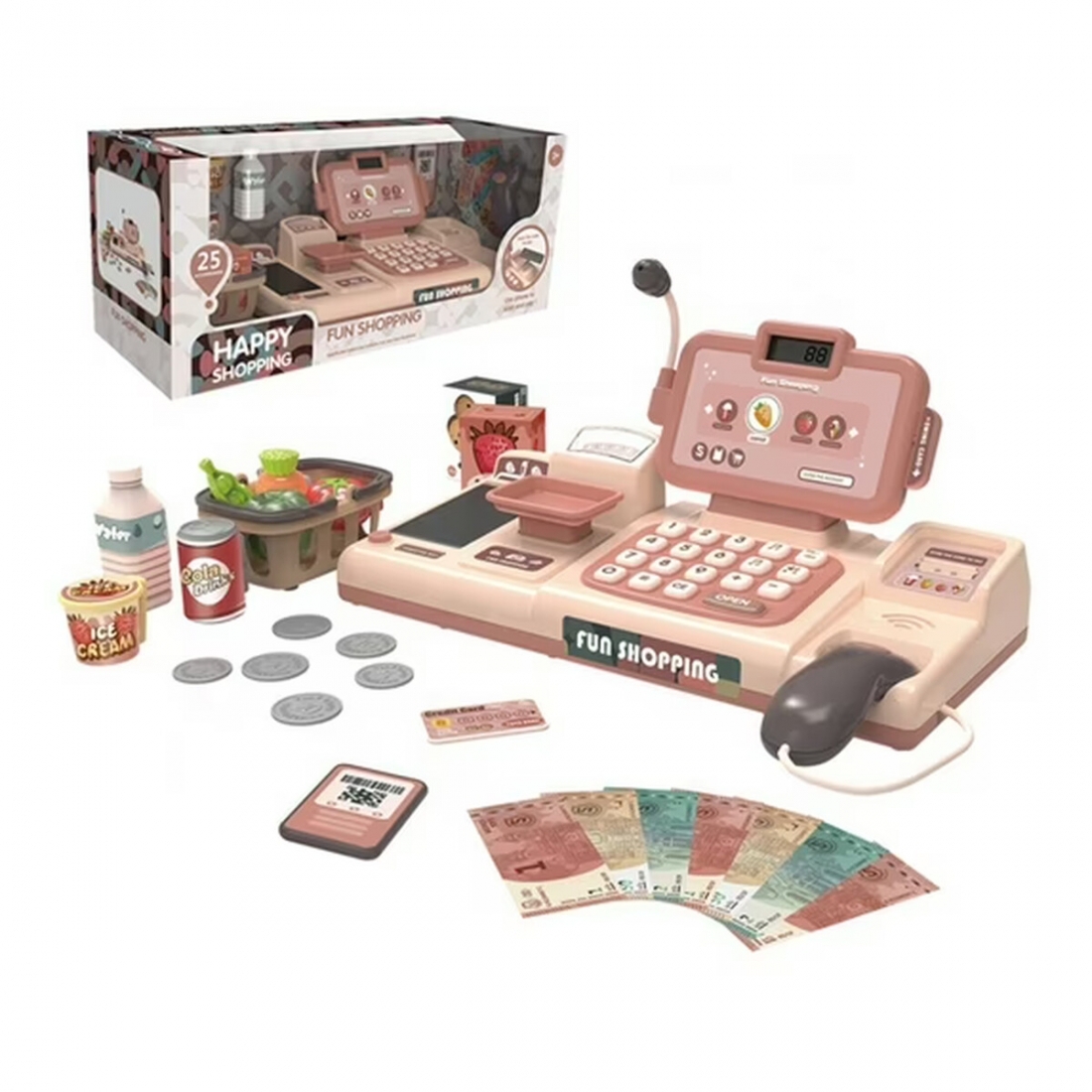 Cash Register for Kids Pink Pretend Play ABS Toy 25pcs Set Toddler +3 