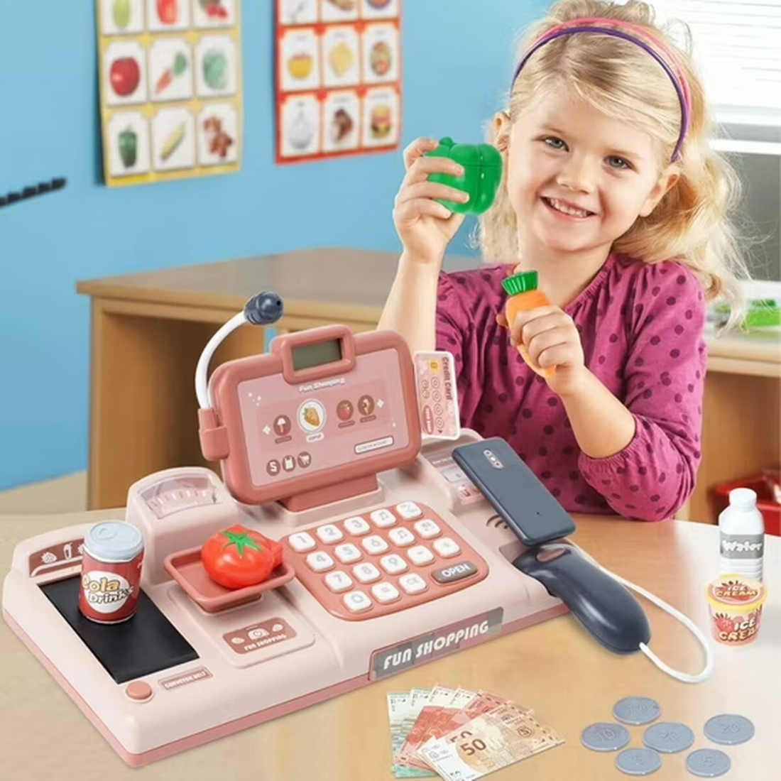 Cash Register for Kids Pink Pretend Play ABS Toy 25pcs Set Toddler +3 