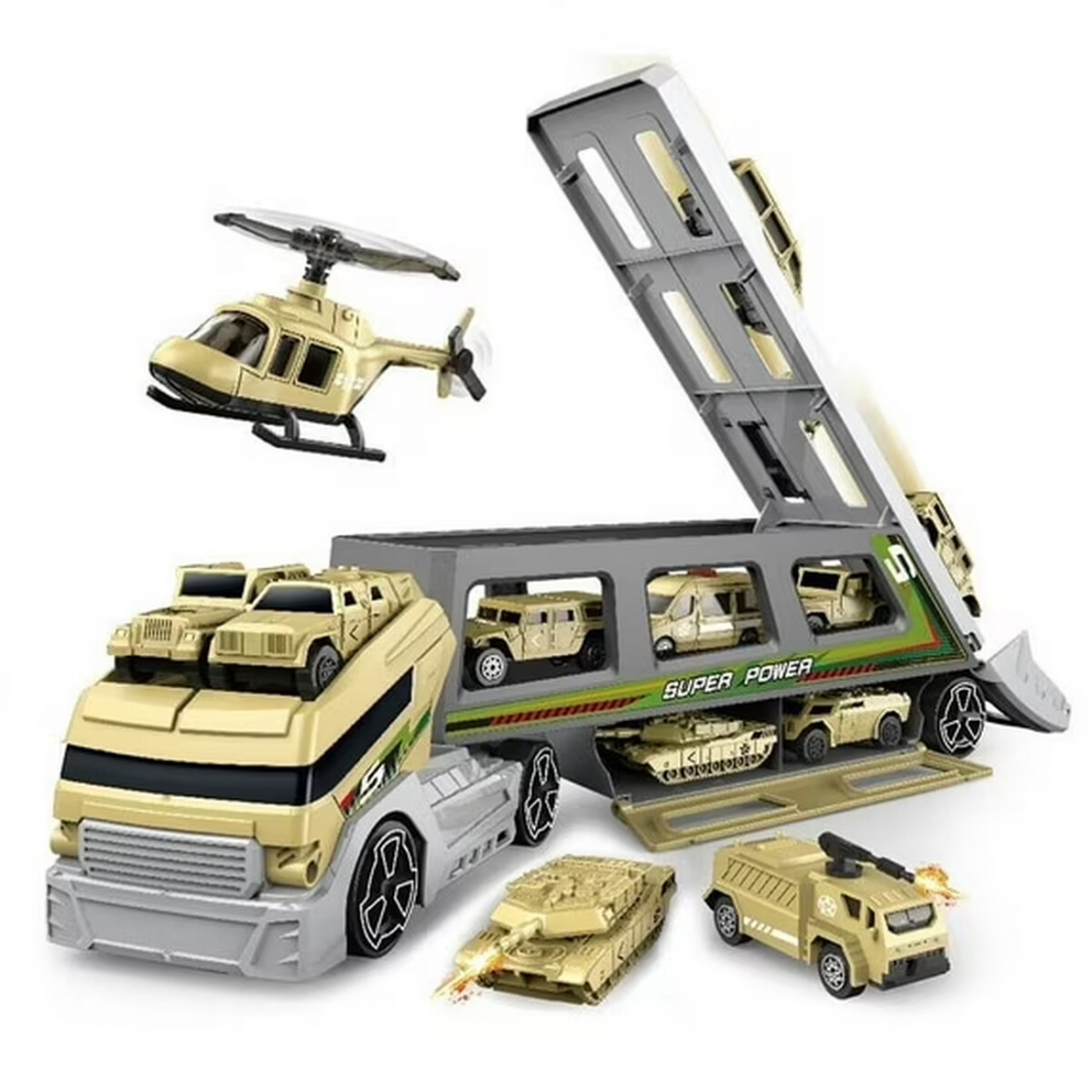 Military Truck Transporter for Kids + 7 Vehicles + 1 Helicopter – Ho