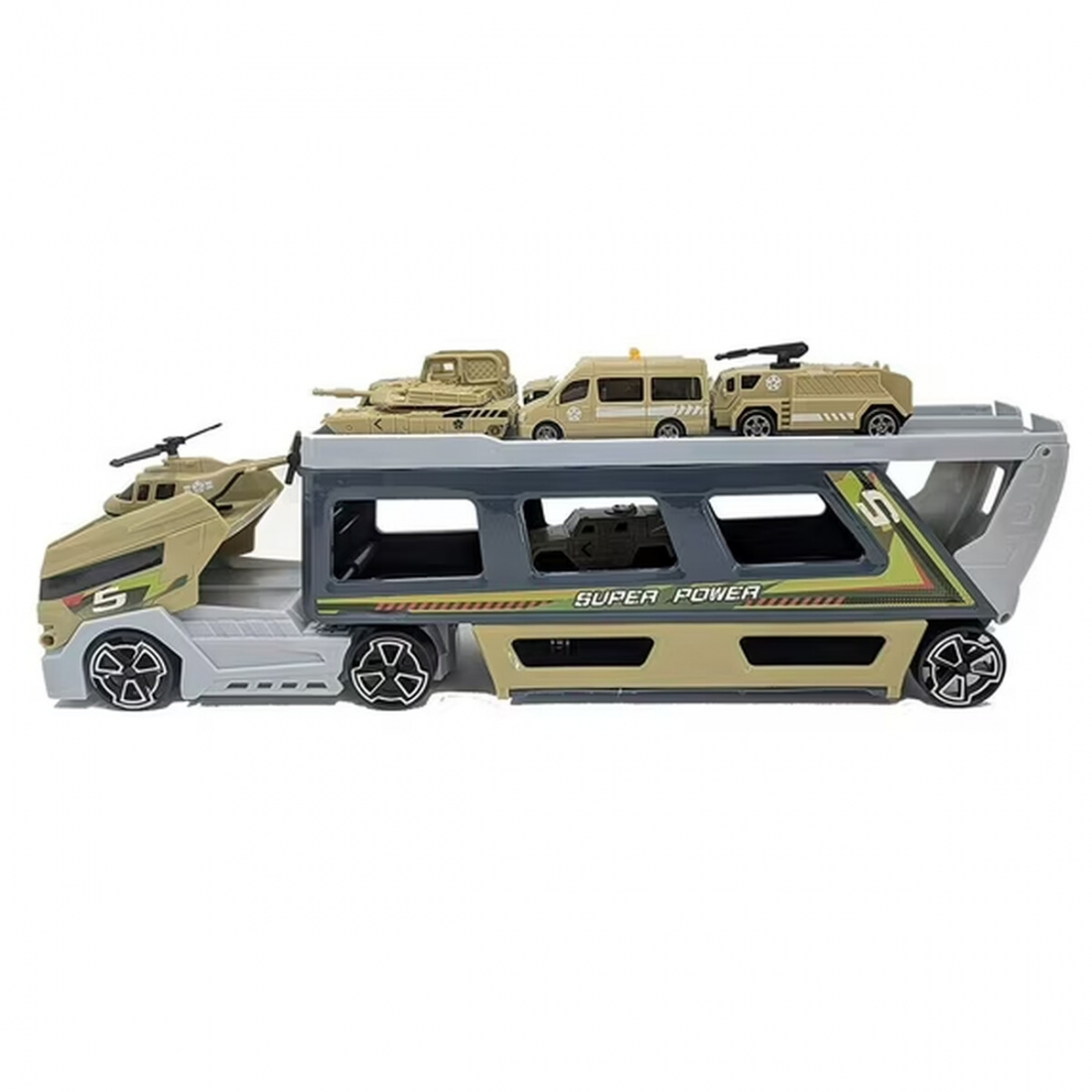 Military Truck Transporter for Kids + 7 Vehicles + 1 Helicopter – Ho