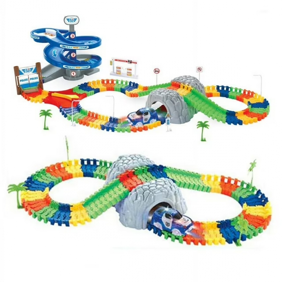 Flexible Kids Track Police Car 118 Pcs with Tunnel & U-Turn for Toddle