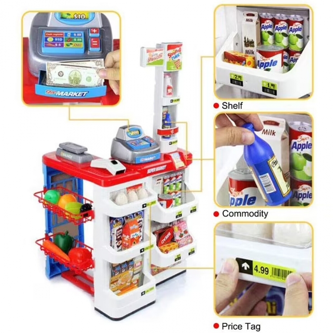 Mundo Toys Supermarket Play Set with Cash Register and Cart, 24 Pieces