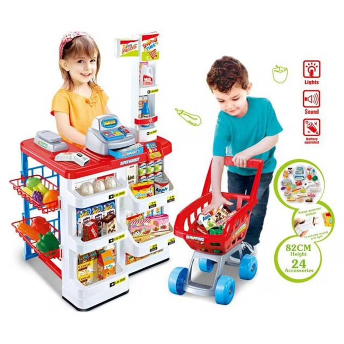 Mundo Toys Supermarket Play Set with Cash Register and Cart, 24 Pieces