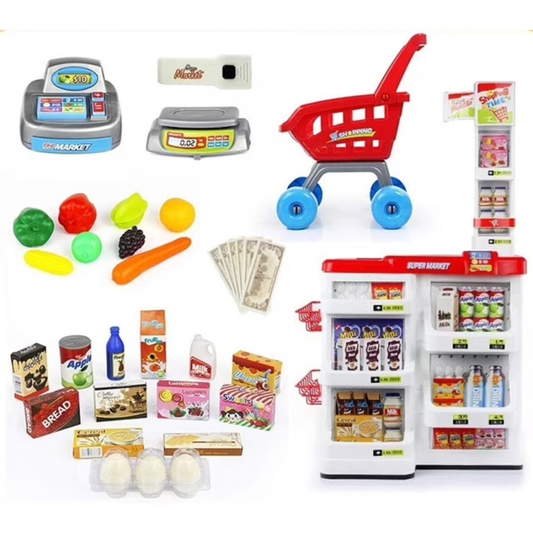 Mundo Toys Supermarket Play Set with Cash Register and Cart, 24 Pieces