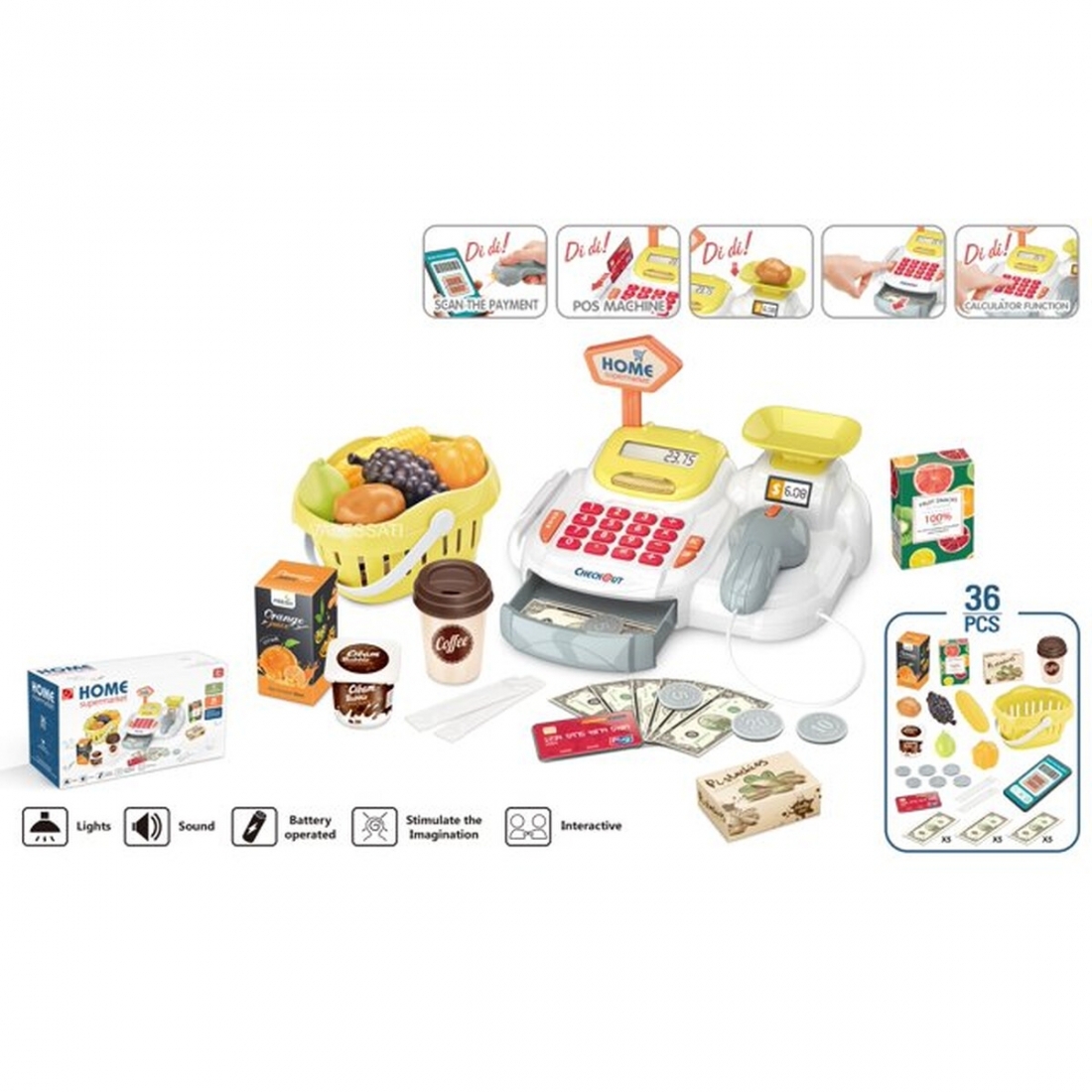 Cash Register Toys for Toddlers 36 Pcs Learning Toy Pretend Play Set G